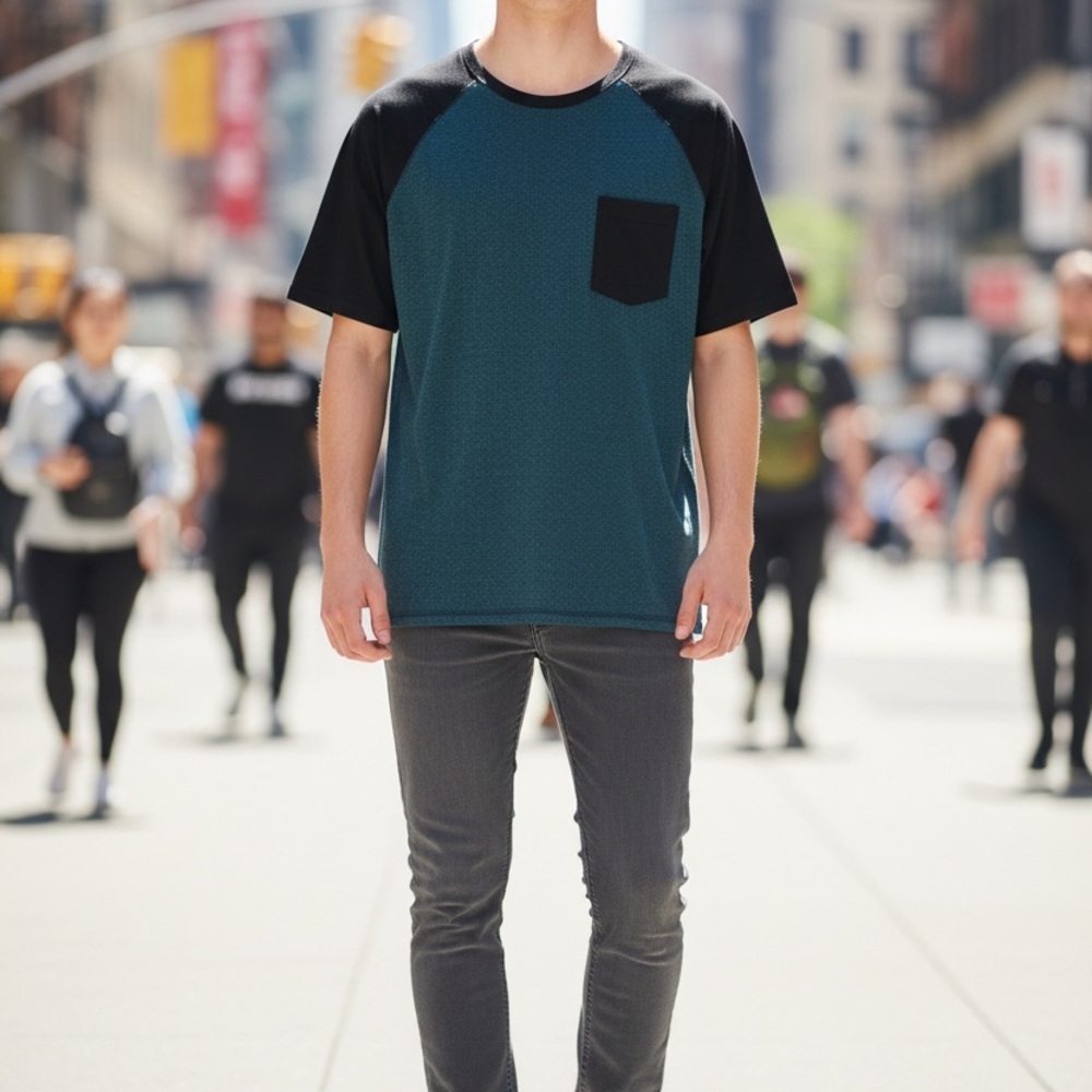 Dikotomy Mens‎ Raglan Pocket T-Shirt Teal Black Colorblock Heathered Size M